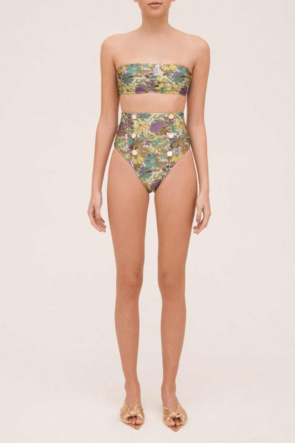 Flower Bloom High-leg Bikini With Buttons