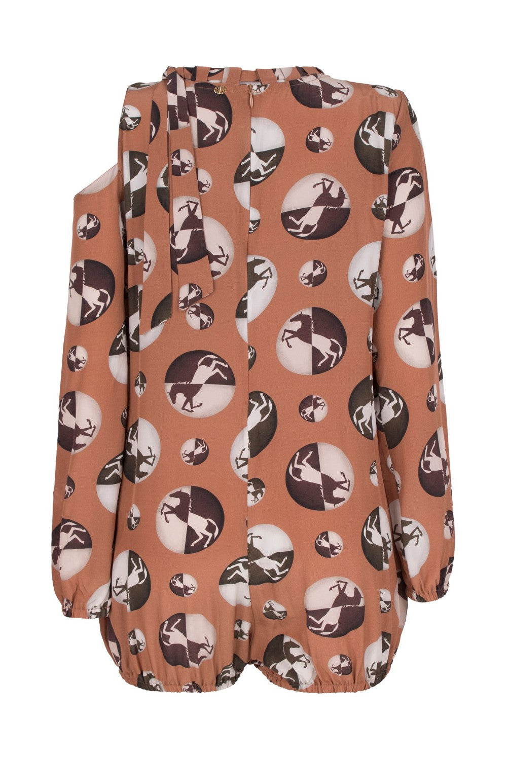 This silk horse pois playsuit is influenced by retro silhouettes