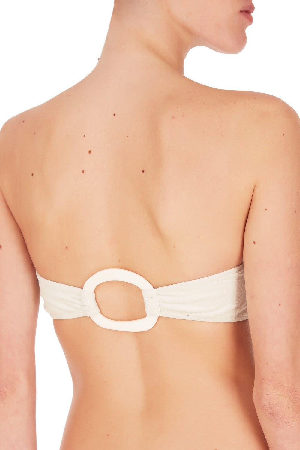 This strapless top bandeau bikini is ideal for those with smaller busts and comes with low-rise briefs with a chic resin buckle detail