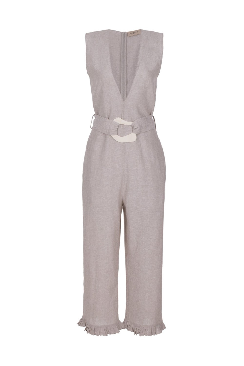 The chic lightweight linen-blend jumpsuit that comes with the matching belt with resin buckle detail has inspirations from vintage references from 1970’s style