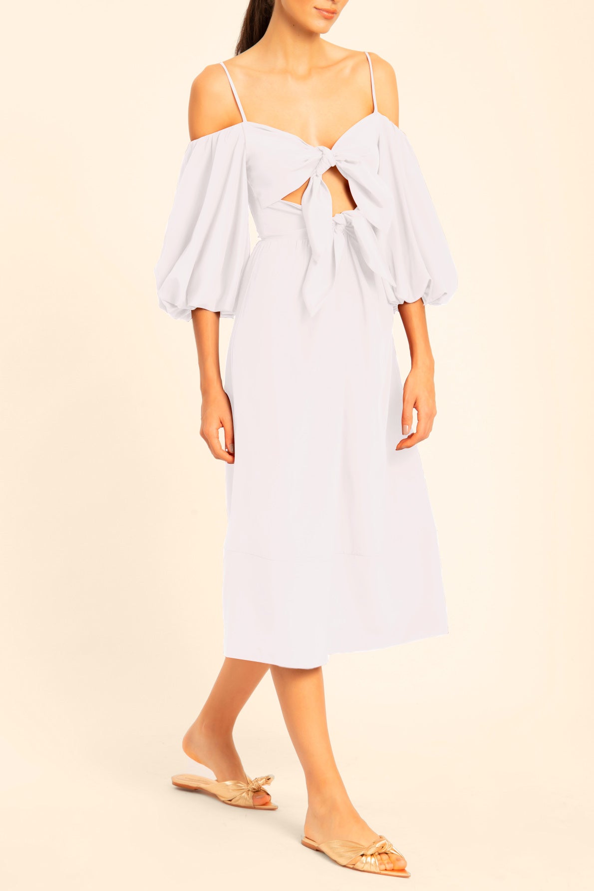 Linen Midi Dress With Double Knot Off White Front