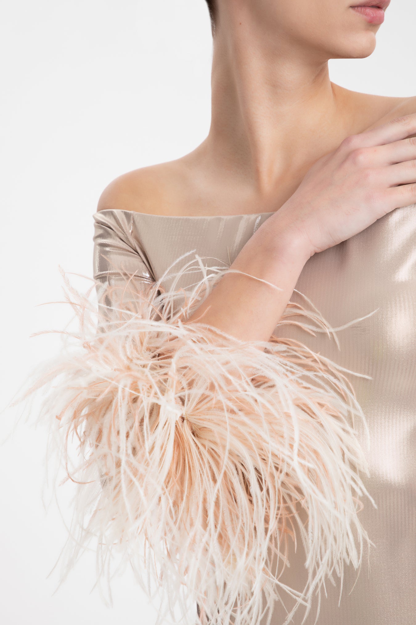 Metallic Off-The-Shoulder Short Dress With Feathers Detail