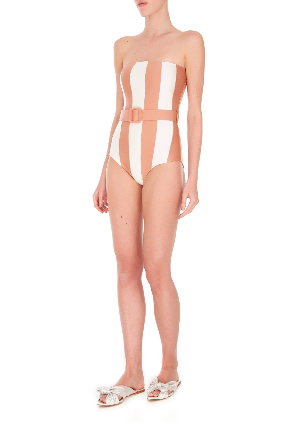 Porto Striped Strapless Swimsuit with Belt Front