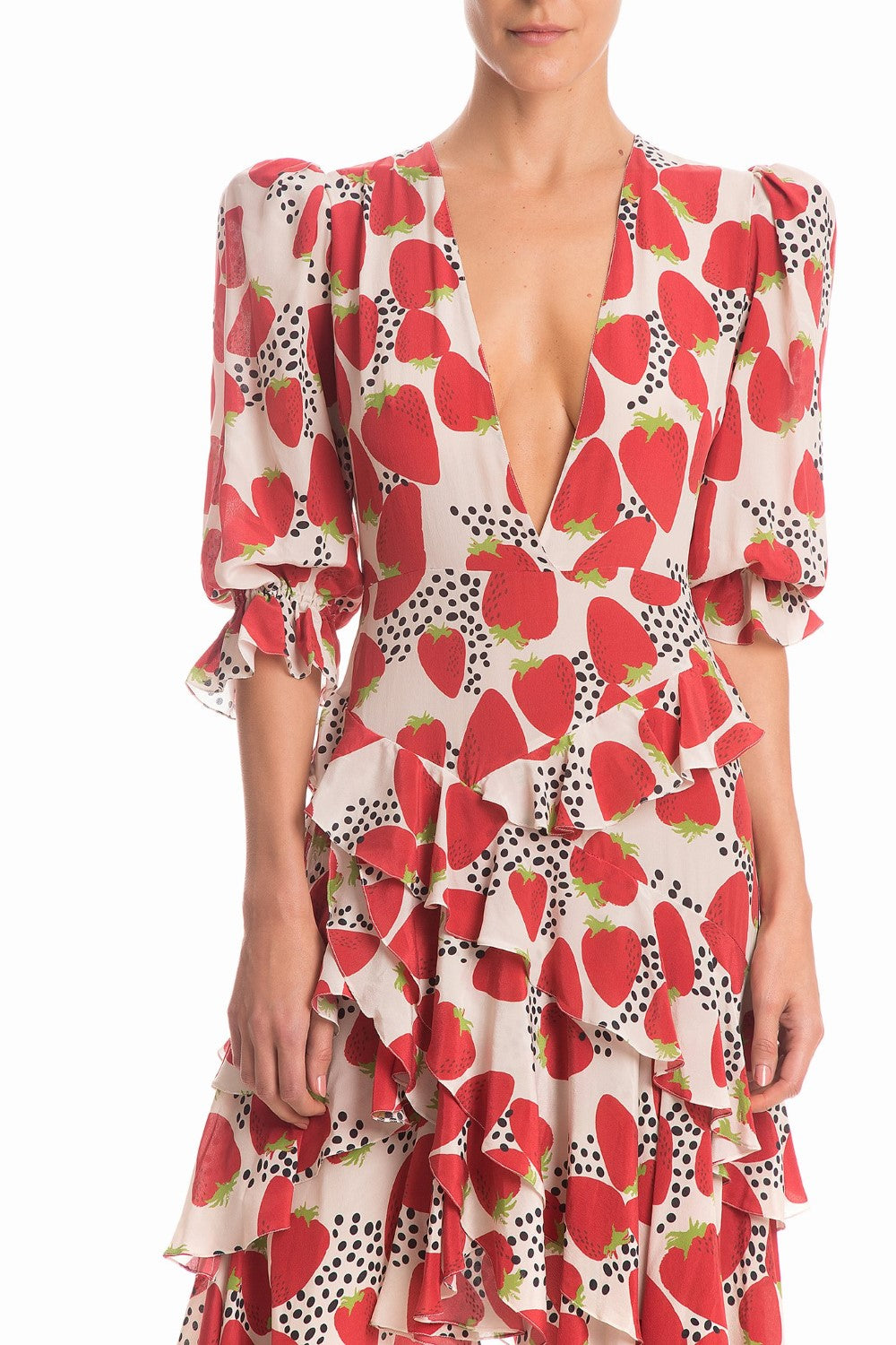 Red Strawberry Asymmetric Midi Dress With Ruffles Detail