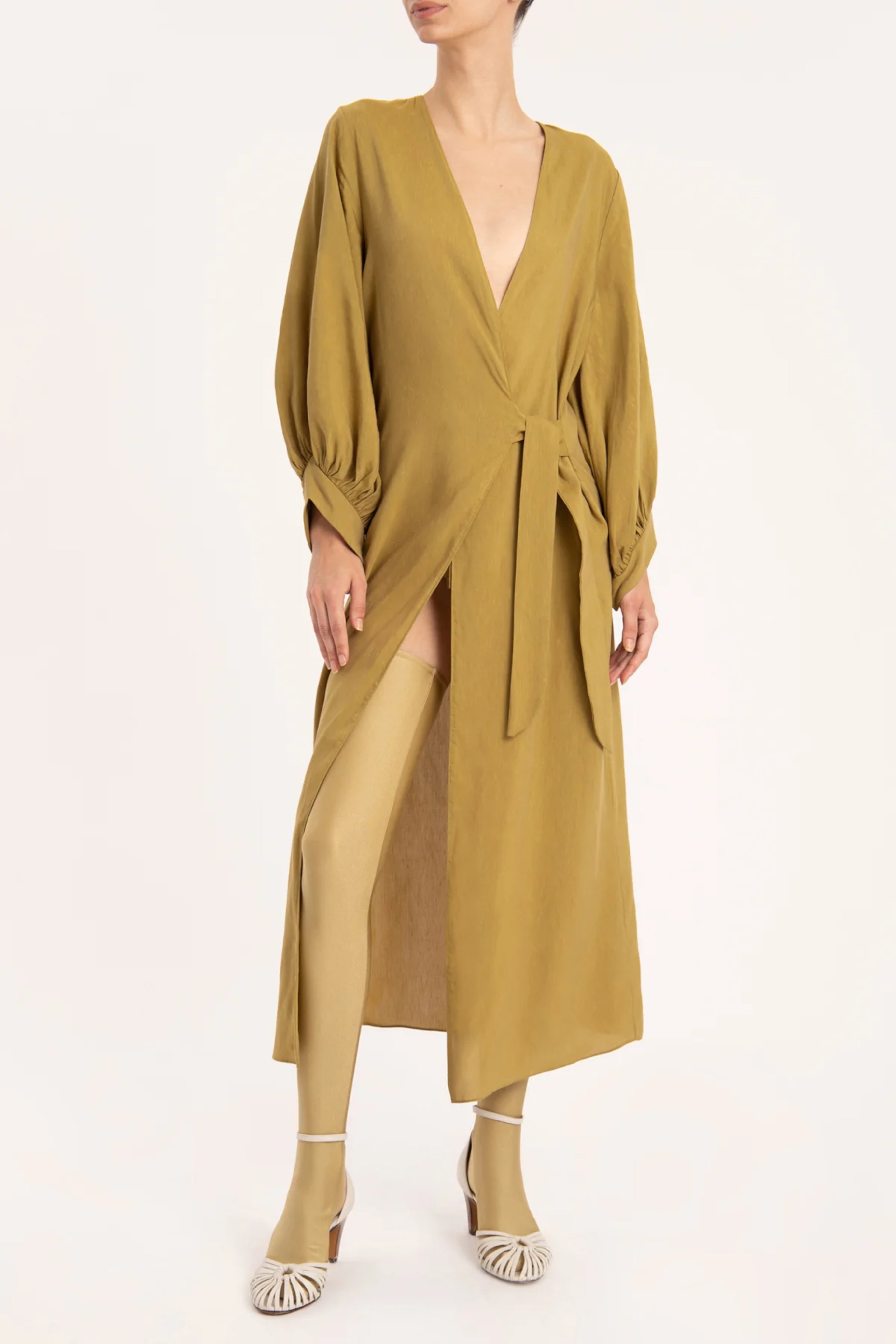 Solid Carre Vintage Green Long Robe Front