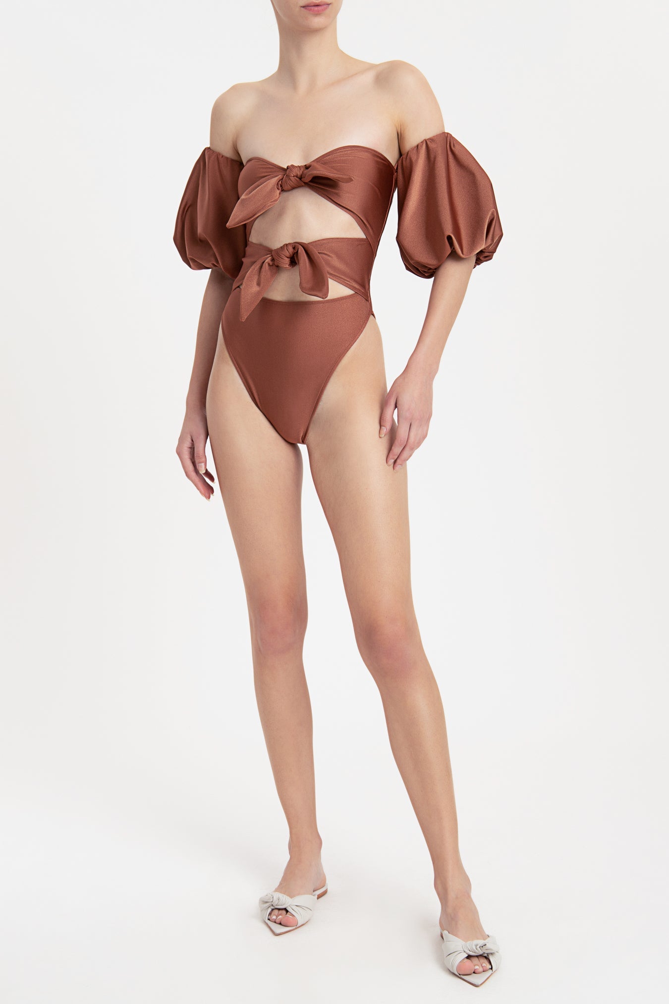 Solid Carre Vintage Puff-Sleeved Swimsuit With Double Knot Front