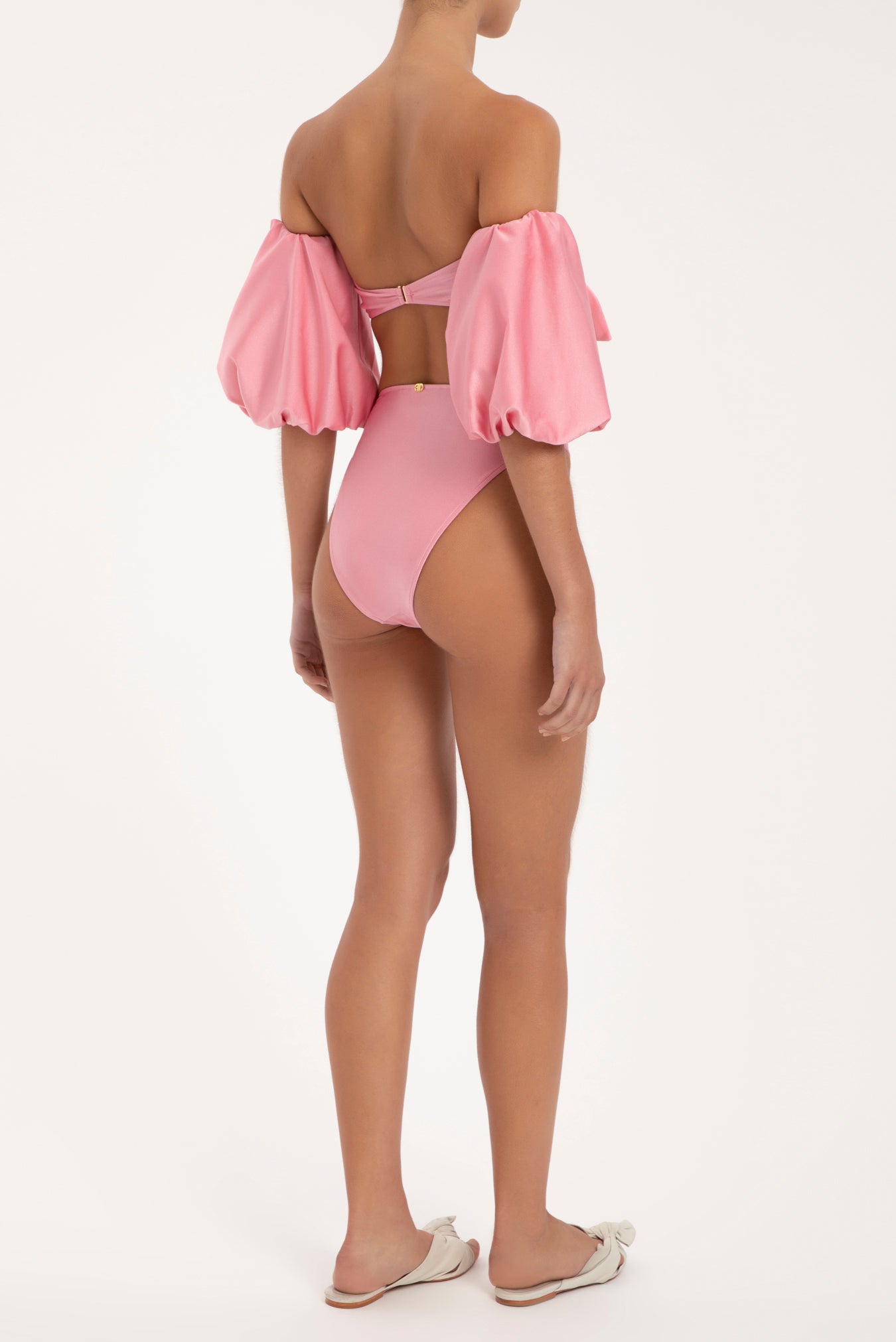 Solid Carre Vintage Puff-sleeved Bikini With Knot Back