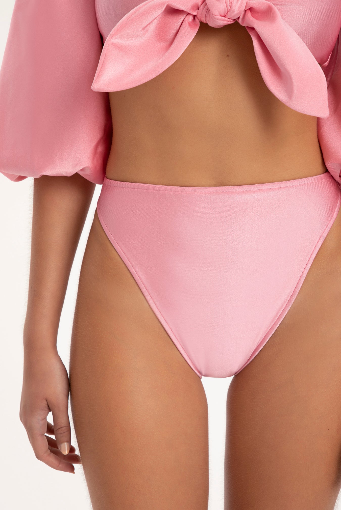 Solid Carre Vintage Puff-sleeved Bikini With Knot Bottom Detail