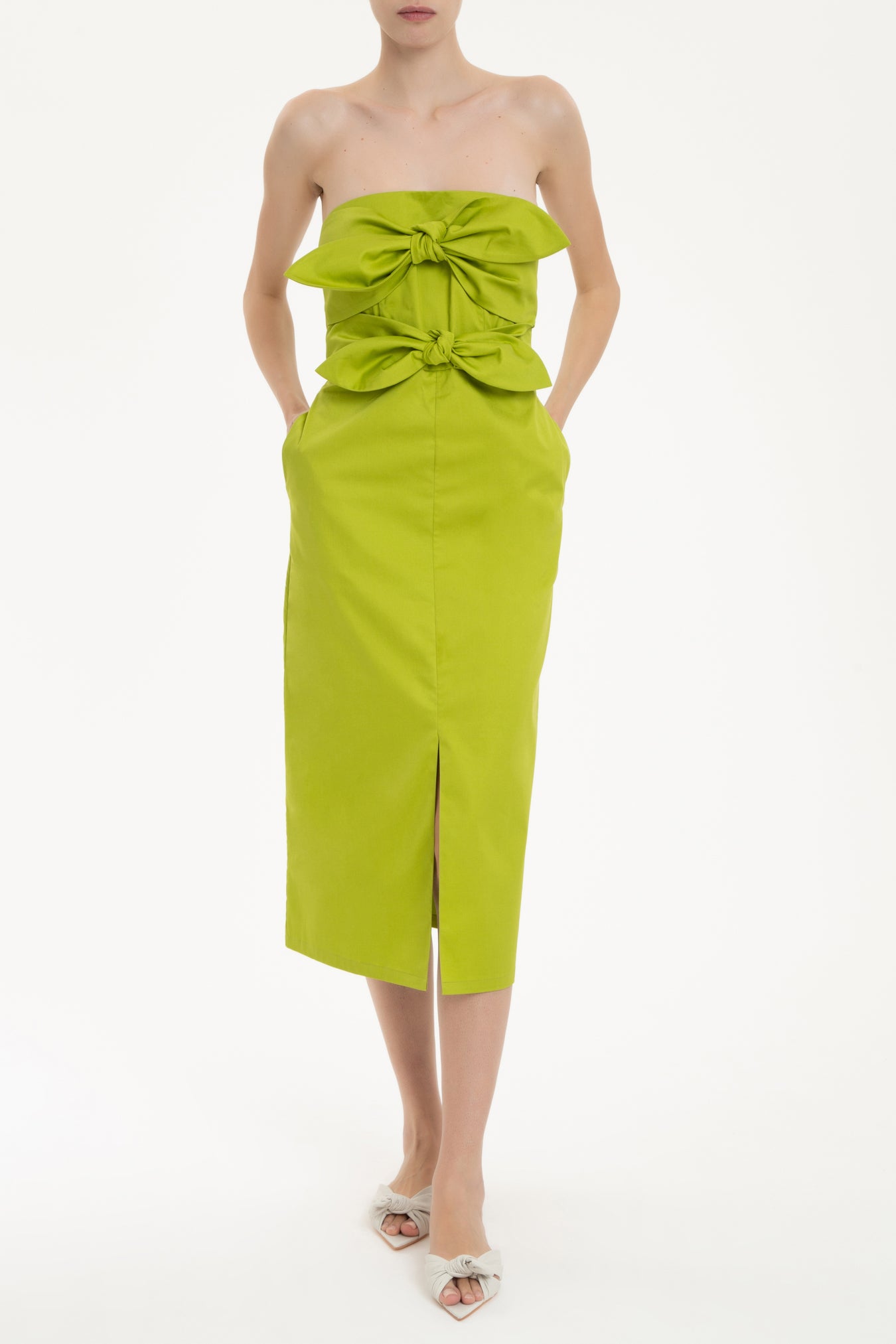 Women's Solid Strapless Midi Dress with Double Knot | Color: Green