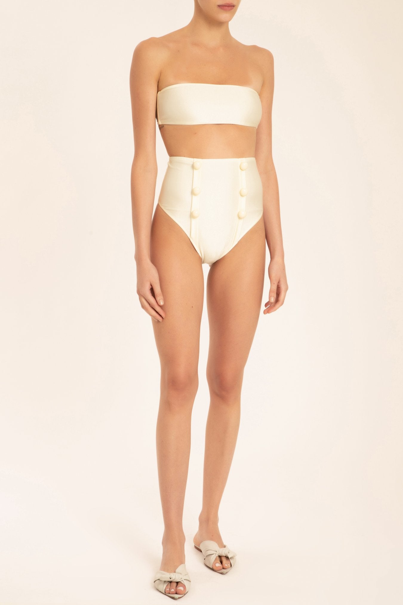 Solid High-leg Bandeau Bikini With Buttons Off White Front