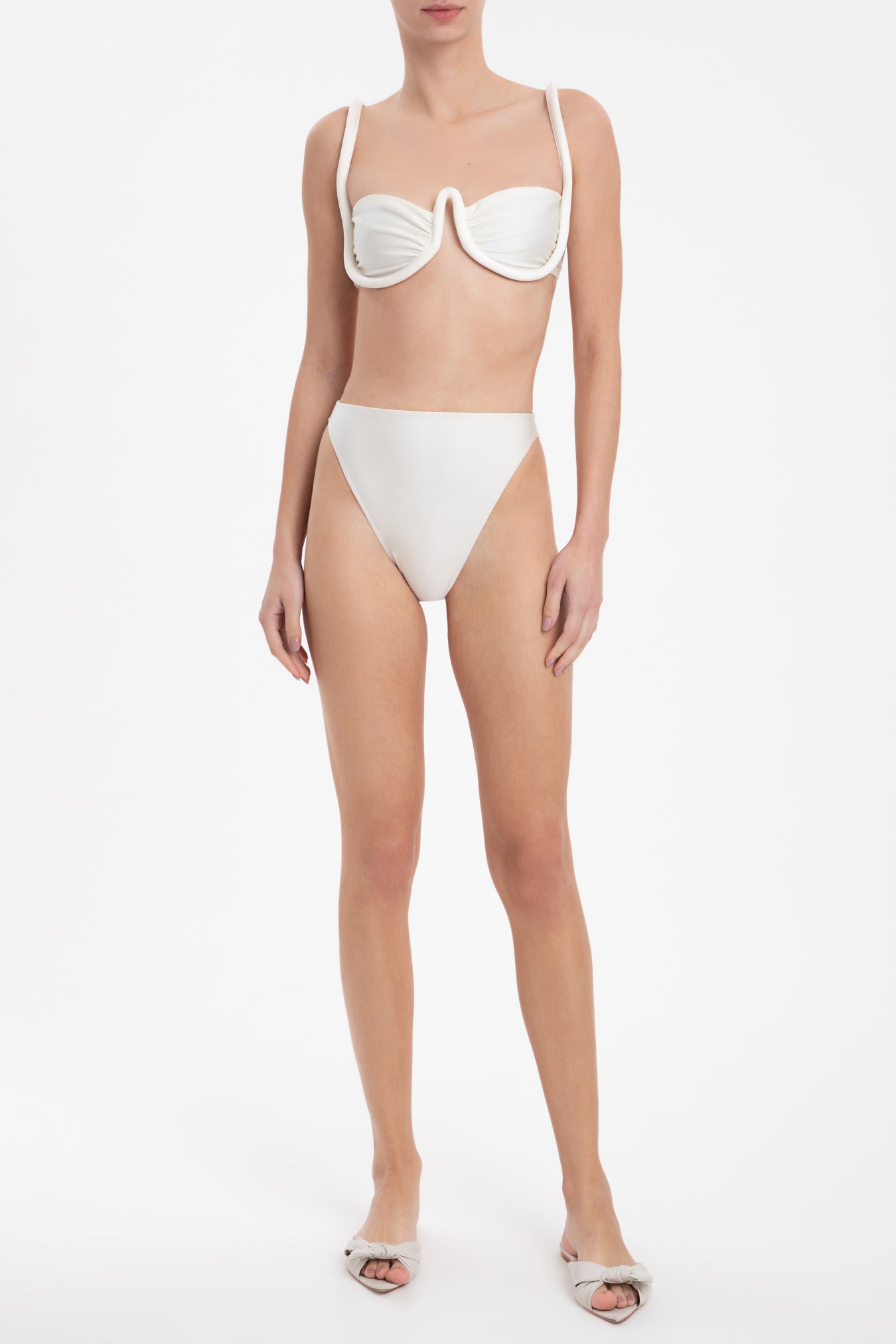 Solid Off White High-leg Bikini with Straps Front