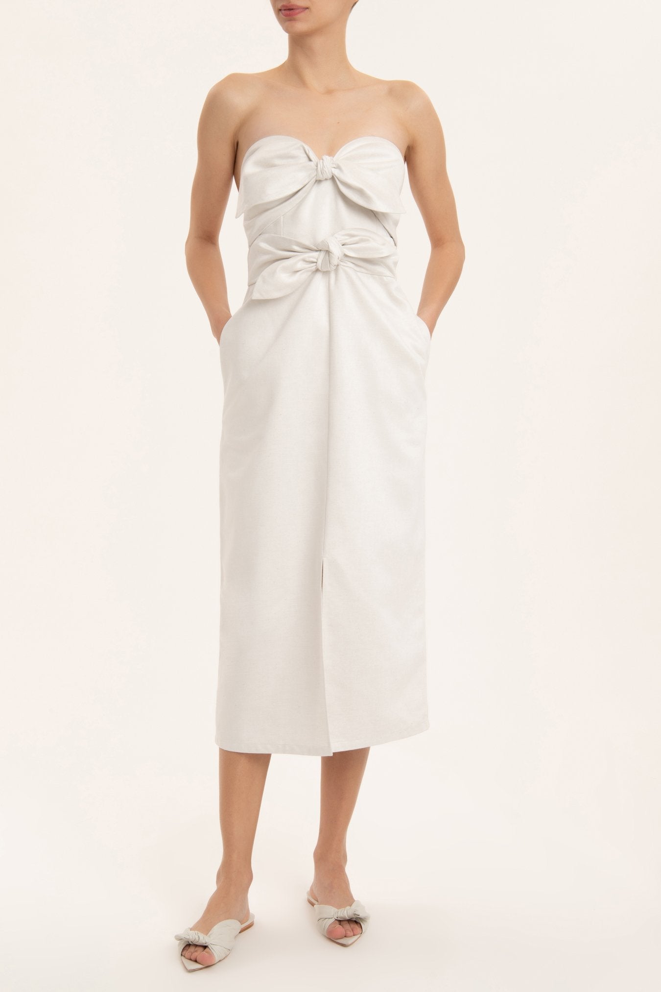 Solid Strapless Midi Dress With Double Knot Front