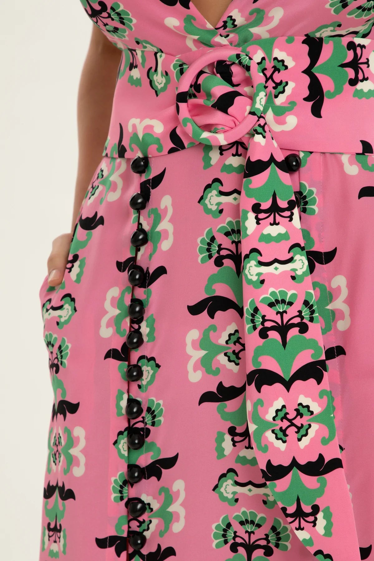 Twisted Flower V-Neck Midi Dress Belt Detail