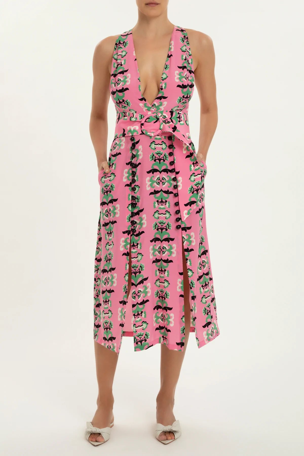 Twisted Flower V-Neck Midi Dress Front
