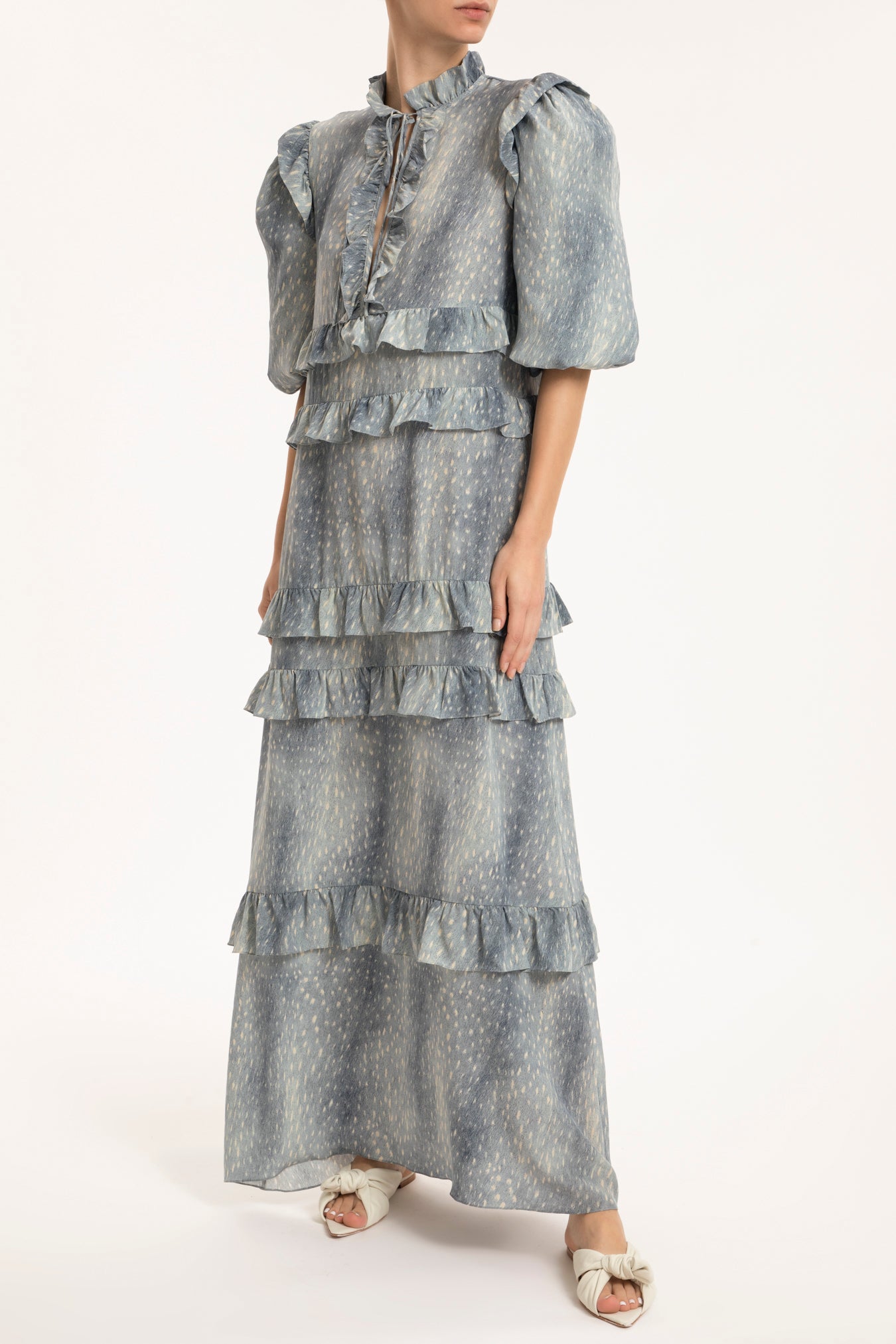 Long Backless Woven Dress with Collar in Stone