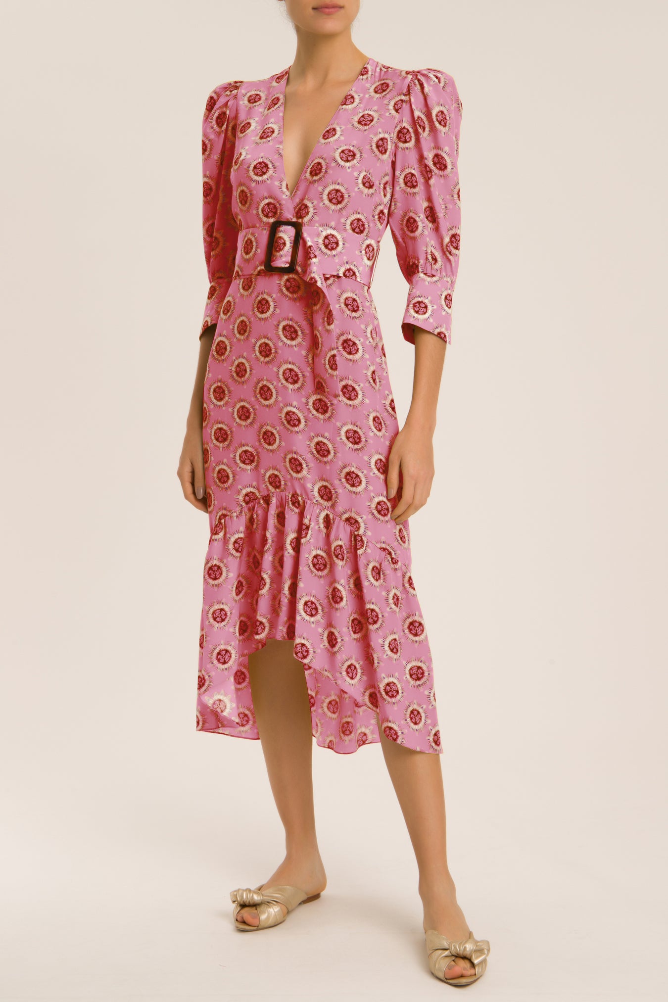 Exotic Passion Puff-Sleeved Silk Midi Dress With Belt