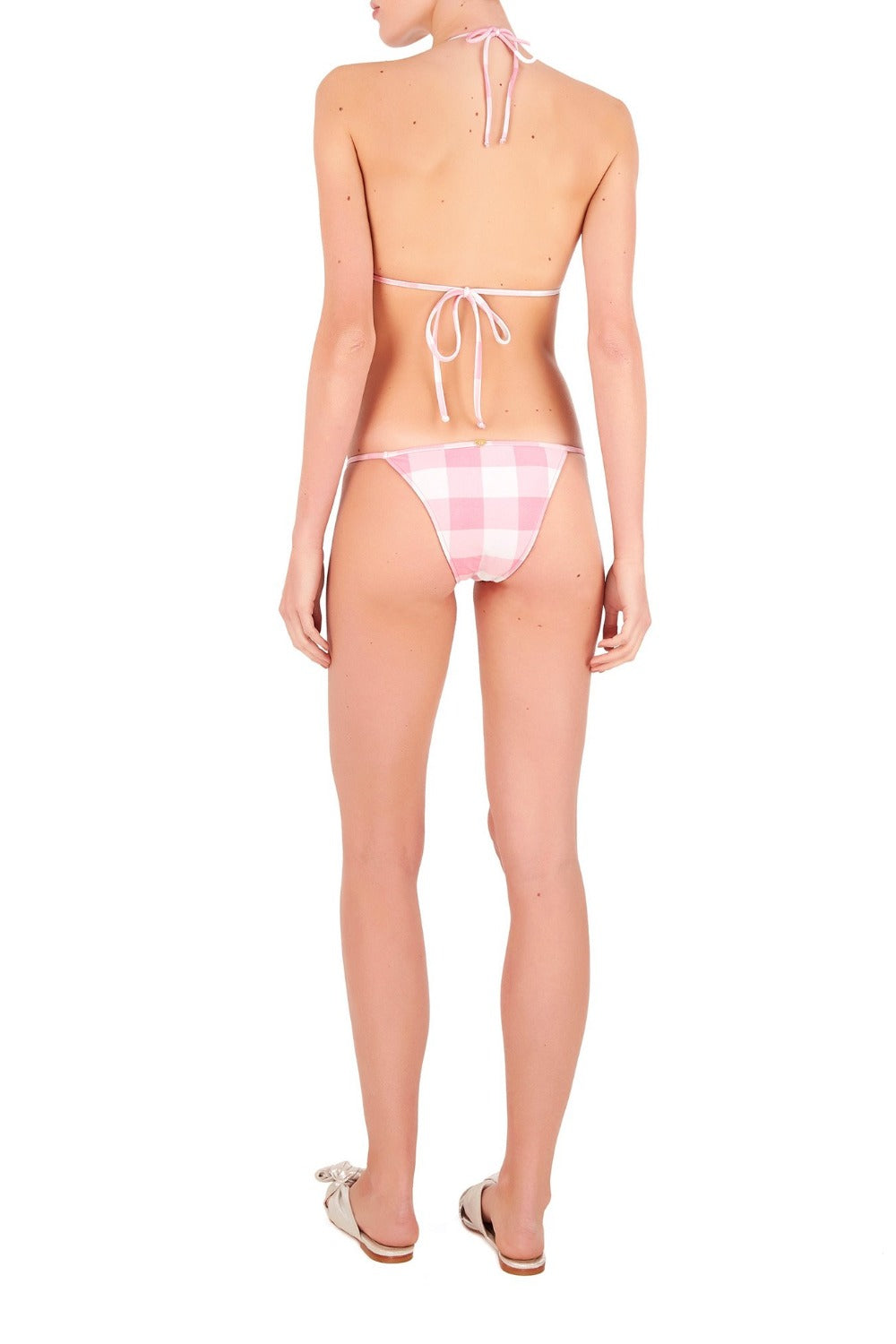 This retro-inspired bikini set s made from gingham stretch fabric with a self-tie structured top with a resin buckle ring and low-rise briefs