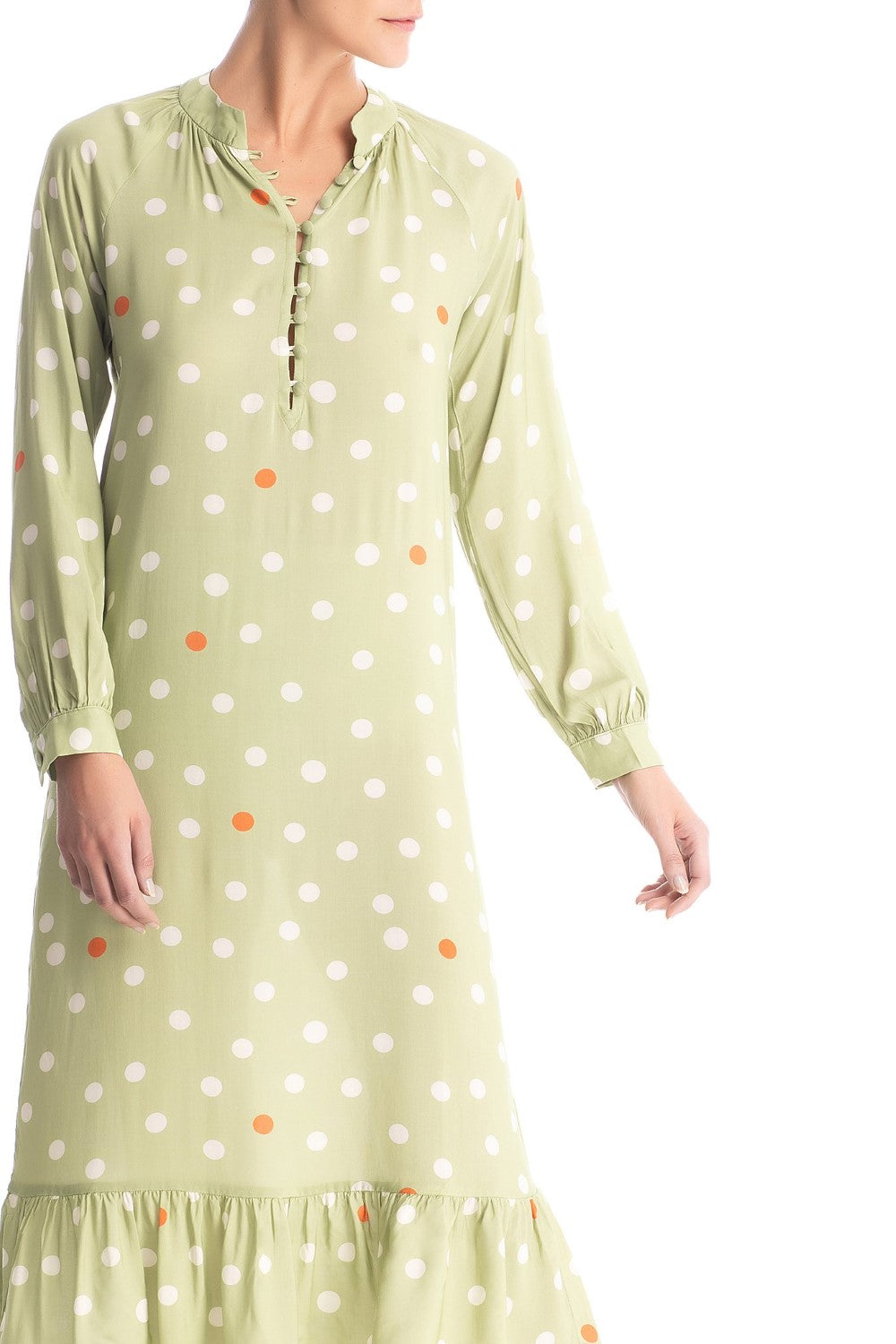 This midi dress is crafted from viscose and cut to a fluid silhouette with a mandarin collar which gives a retro charm to the piece