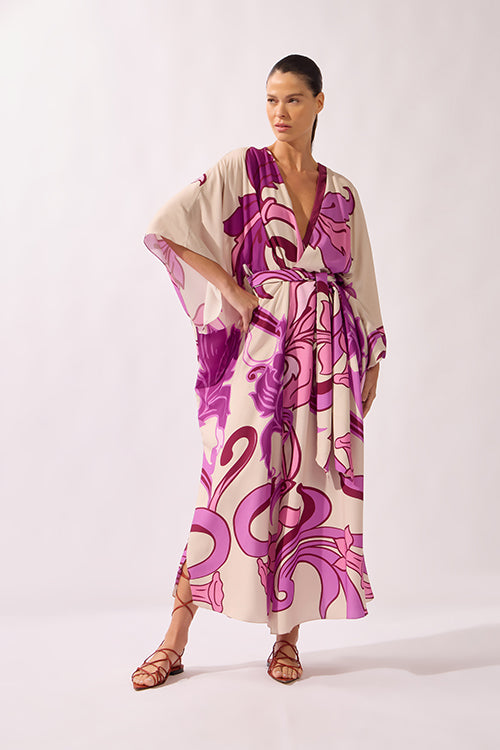 Model wearing the Alpine Flower Maxi Robe front showcasing its unique color on 100% Viscose fabric, styled for an afternoon look.  