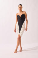 Model wearing the Bold Noir Midi Dress look color black, made from 76.3% polyamide 23.7% elastane, styled for a dinner look