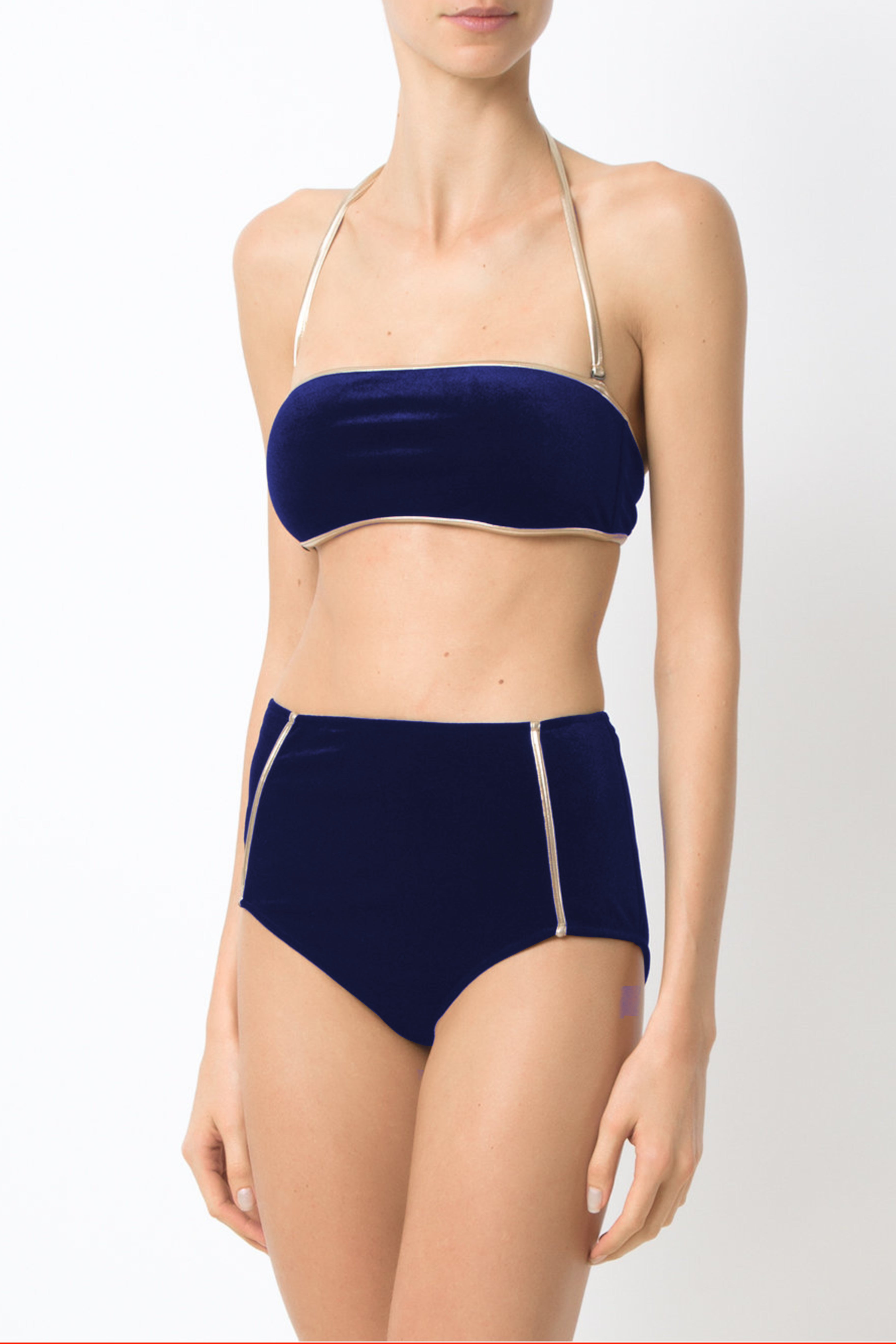 Cavaliere Navy Velvet Hot Pants Bikini with Gold Detail Front