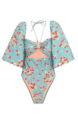 Cherry Bomb Blue Puff-Sleeved High-Leg Swimsuit Product