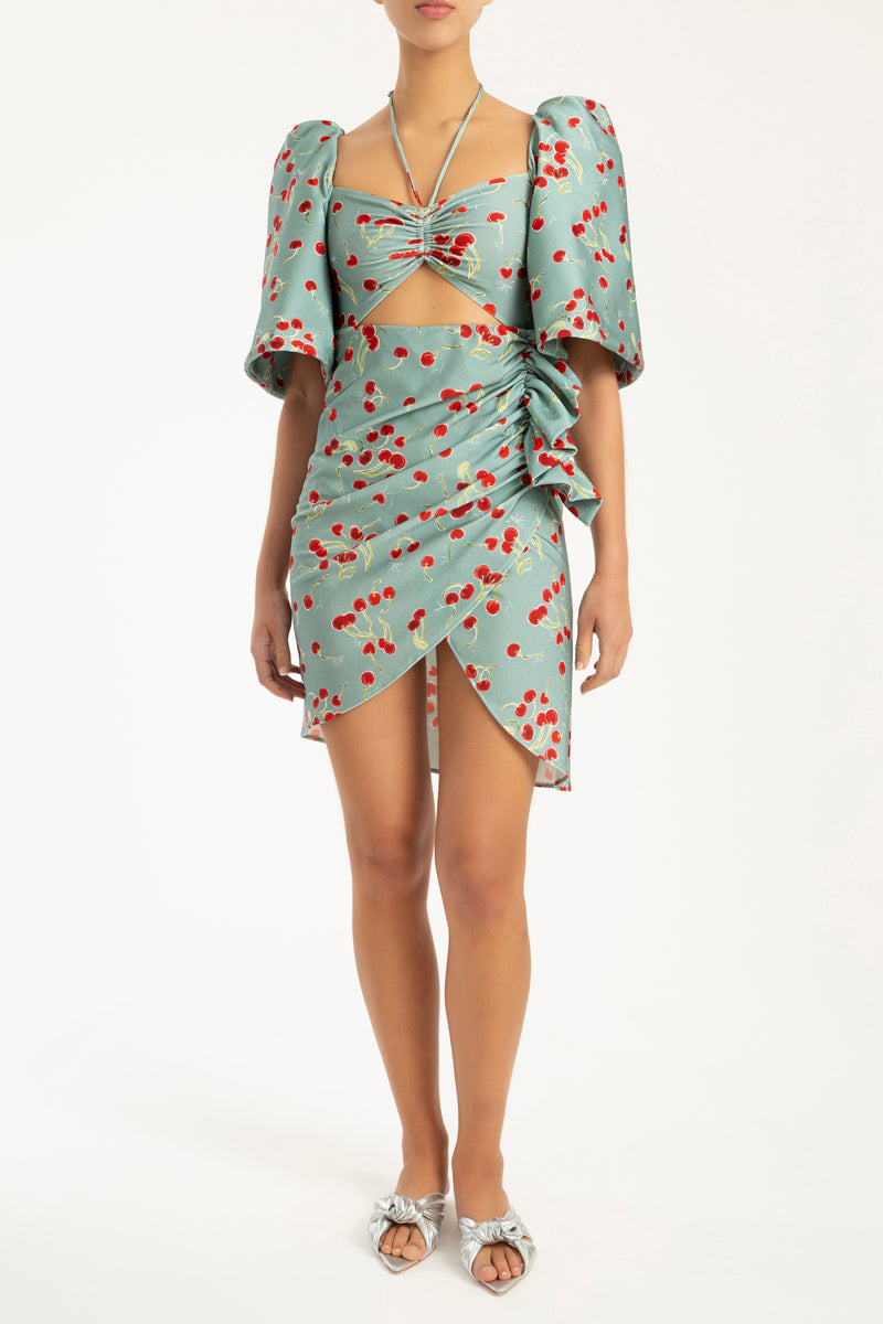 Cherry Bomb Blue Puff-Sleeved High-Leg Swimsuit With Skirt
