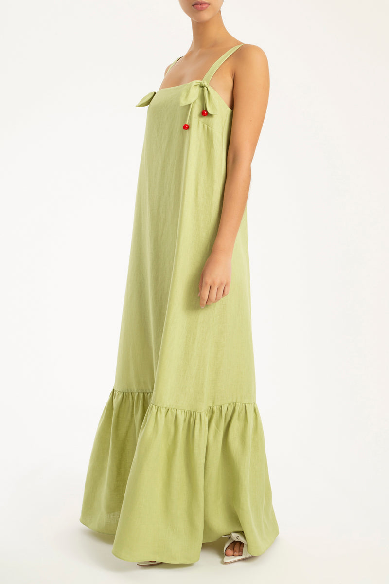 Cherry Bomb Solid Green Long Dress With Straps Front 2