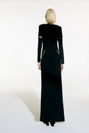 Model wearing the  Cut-Out Plunge Maxi Dress back from the Adriana Degreas and Sabine Getty collab with 75% Polyamide 25% Elastane styled for a dinner look.