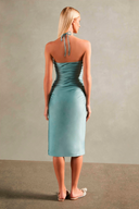 Deco Solid Blue Frilled Midi Dress Back