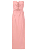 Still photo of the Exotic Coral Solid Cut-Out Long Dress Front showcasing its Pink print on 98% Polyester 2% Elastane fabric.