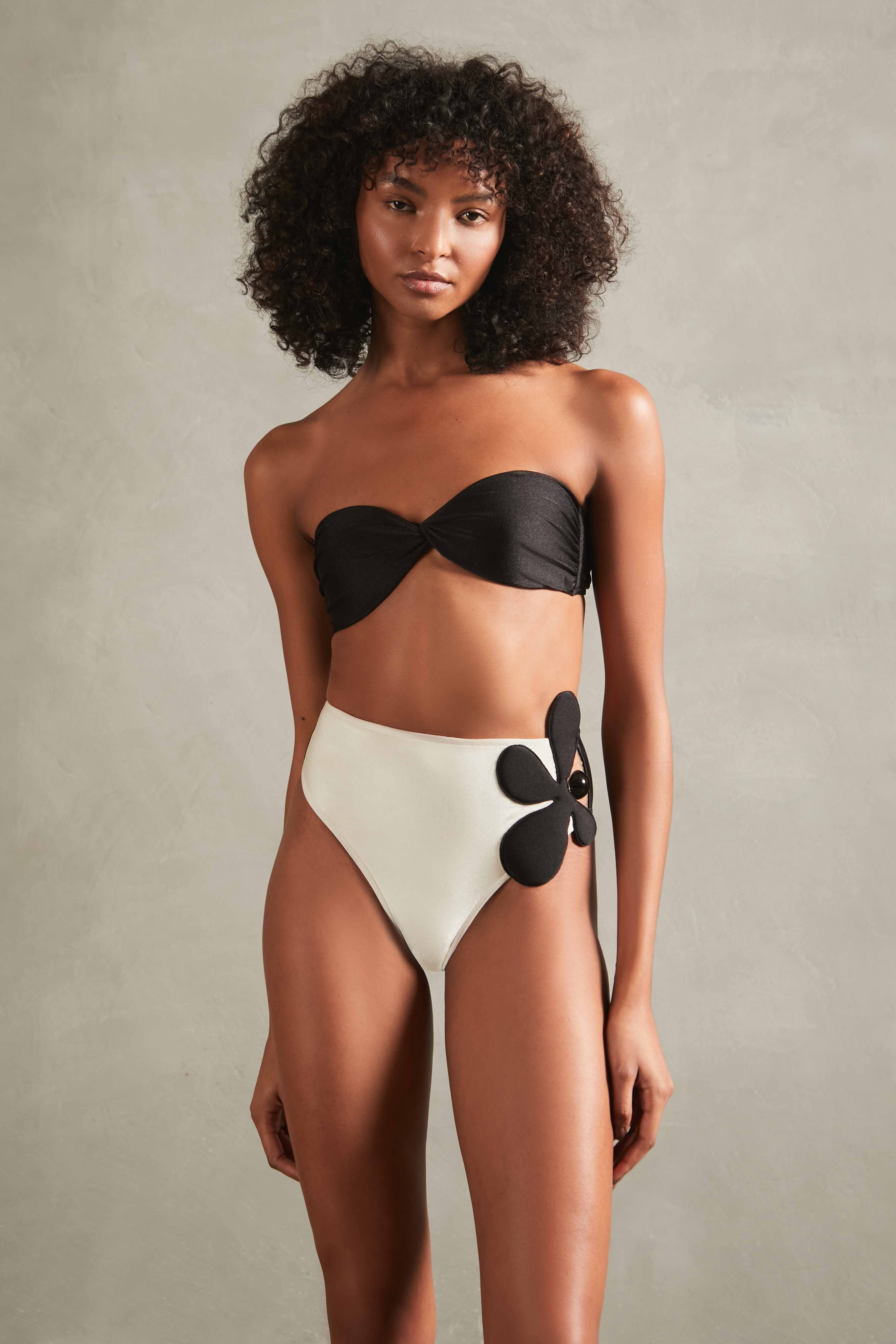 Floral Off-White and Black High-Waisted Strapless Bikini Set Front