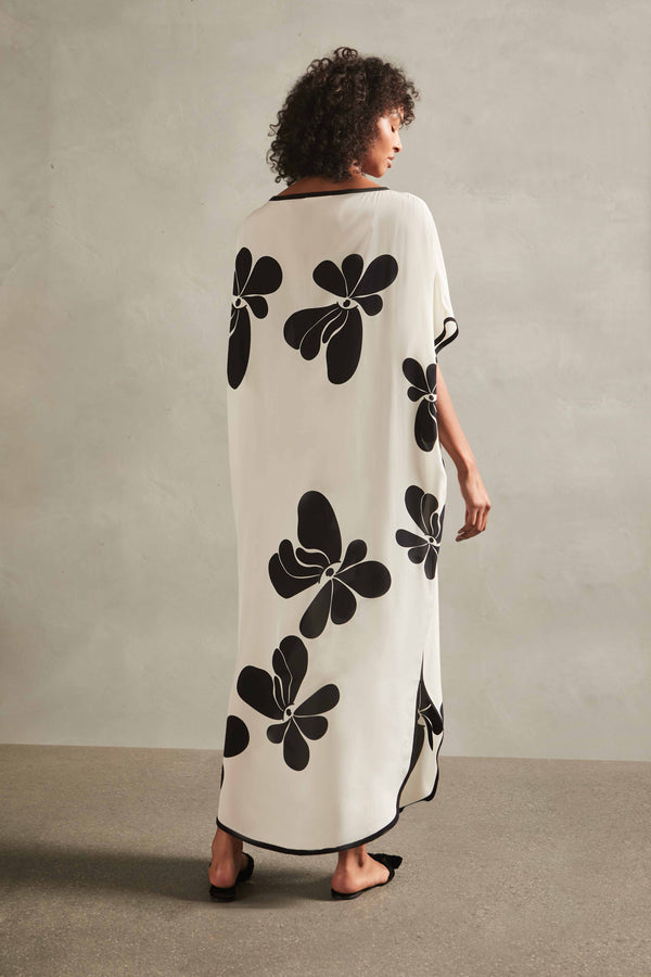 Floral Off-White and Black Long Kaftan Dress Back