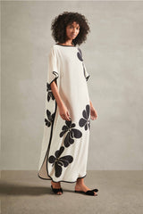 Floral Off-White and Black Long Kaftan Dress Front