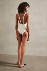 Floral Off-White with Black Flower Cut-Out Swimsuit Back
