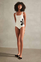Floral Off-White with Black Flower Cut-Out Swimsuit Front