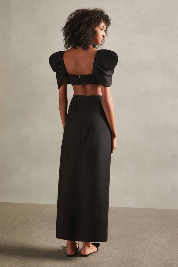 Floral Solid Black High-Waisted Long Skirt Back