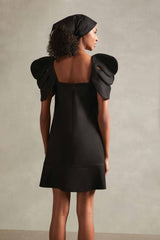 Floral Solid Black Short Dress wtih Flower Shaped Sleeves Back