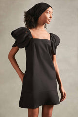 Floral Solid Black Short Dress wtih Flower Shaped Sleeves Front Close Up