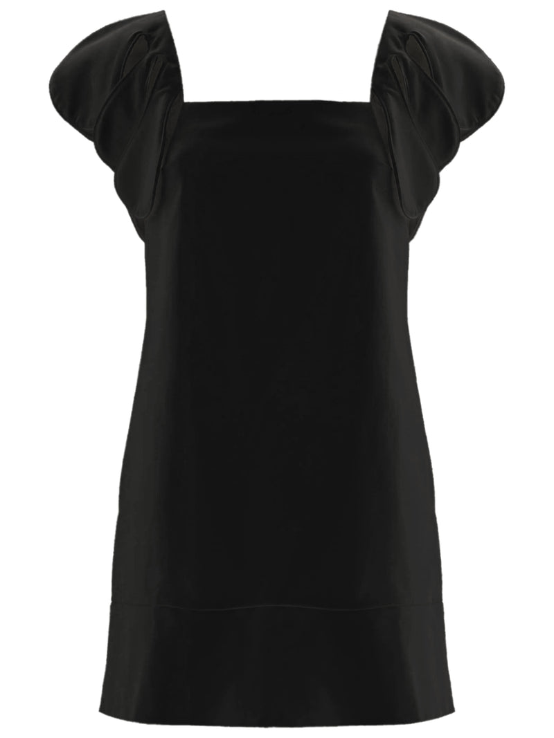 Floral Solid Black Short Dress wtih Flower Shaped Sleeves Front Product