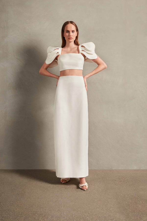 Floral Solid Off White High-Waisted Long Skirt Front