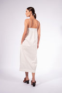 Model wearing the Flower Appliqué Midi Dress back color black made with 97% Cotton 3% Elastane, styled for resortwear look