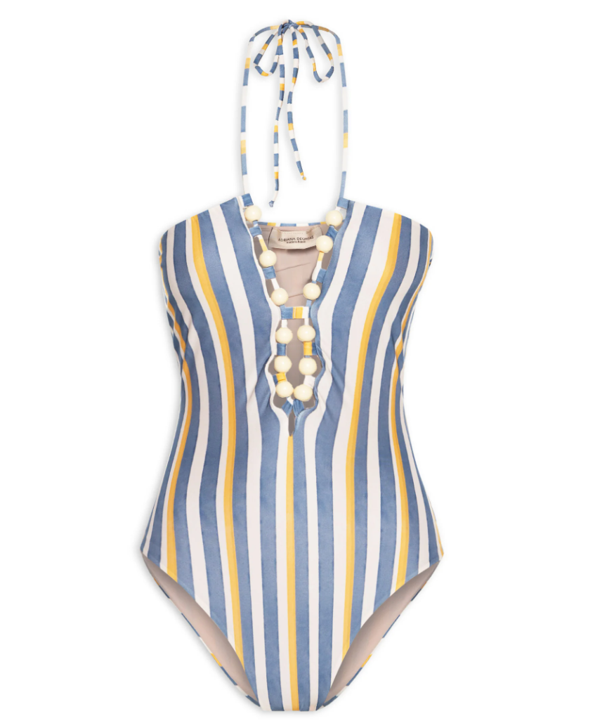 Still image of the Golden Age Halterneck Swimsuit Product blue and yellow with Ball-Shaped Applications on stretchy fabric.