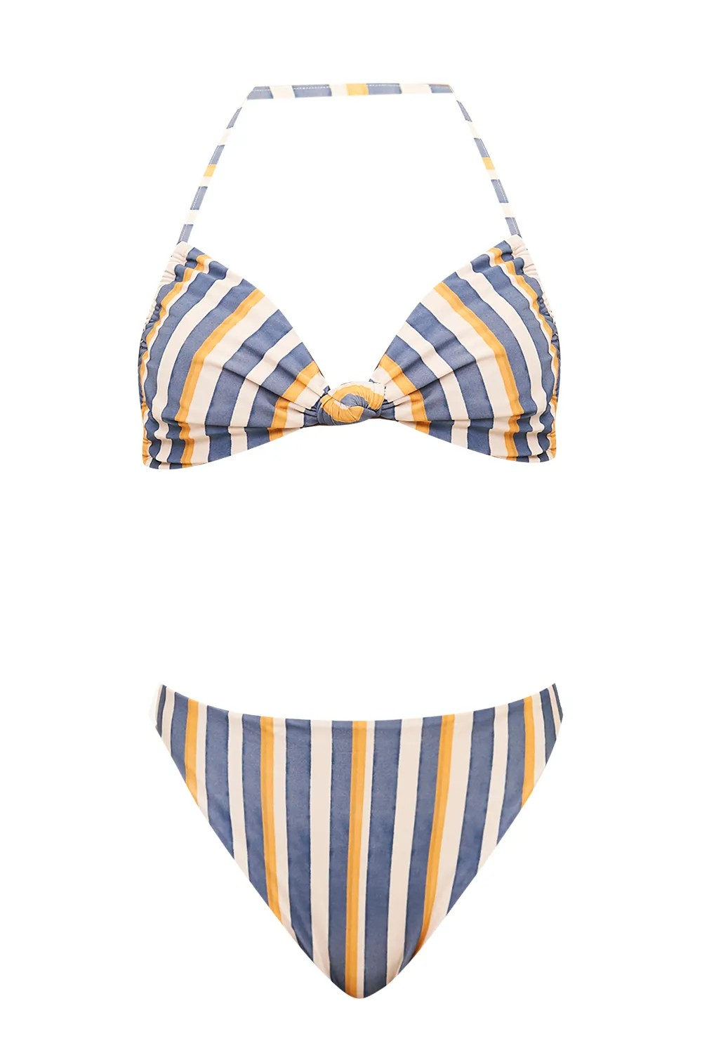 Still image of the Golden Age High Leg Bikini blue, off-white and yellow print with Knot detail on a stretchy fabric.