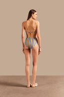 Back view of the Golden Age High-Waisted Bikini, showcasing the striped pattern in blue, off-white, and yellow.