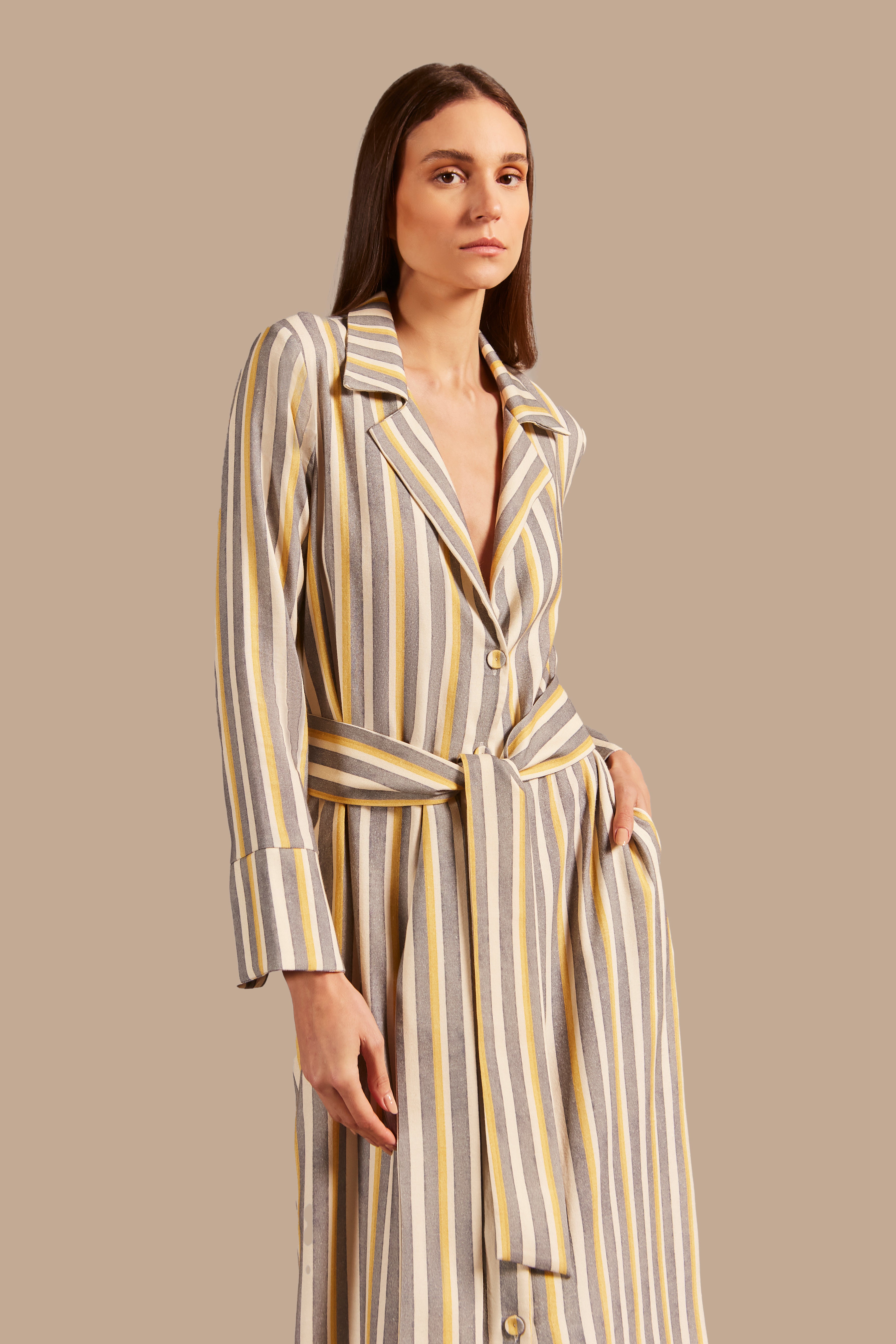 Full front view of the Golden Age Long Robe Detail  featuring a striped design in unique color with 70% MODAL 30% LINEN fabric, styled for a resort look. 