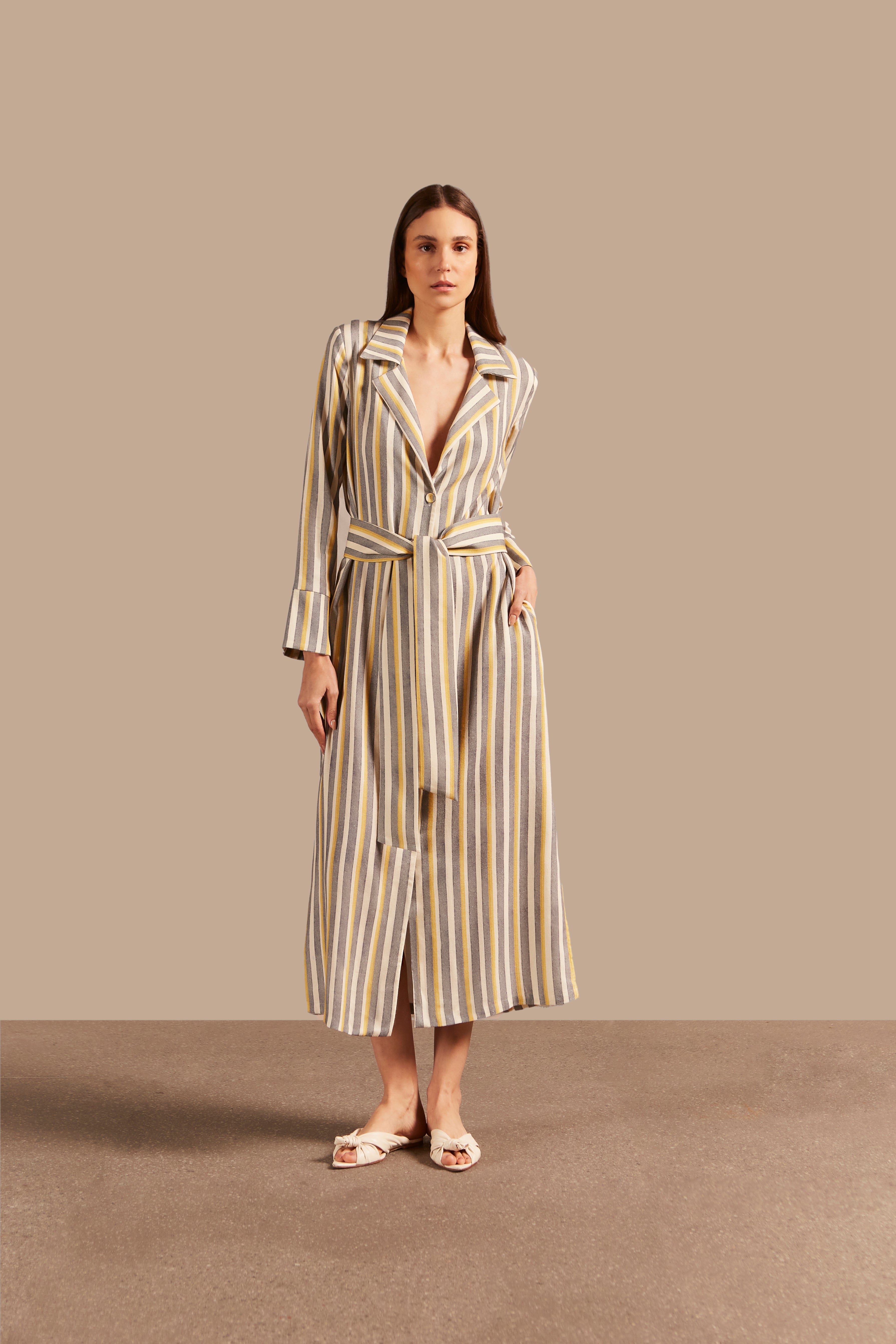 Full front view of the Golden Age Long Robe Front featuring a striped design in unique color with 70% MODAL 30% LINEN fabric, styled for a resort look. 