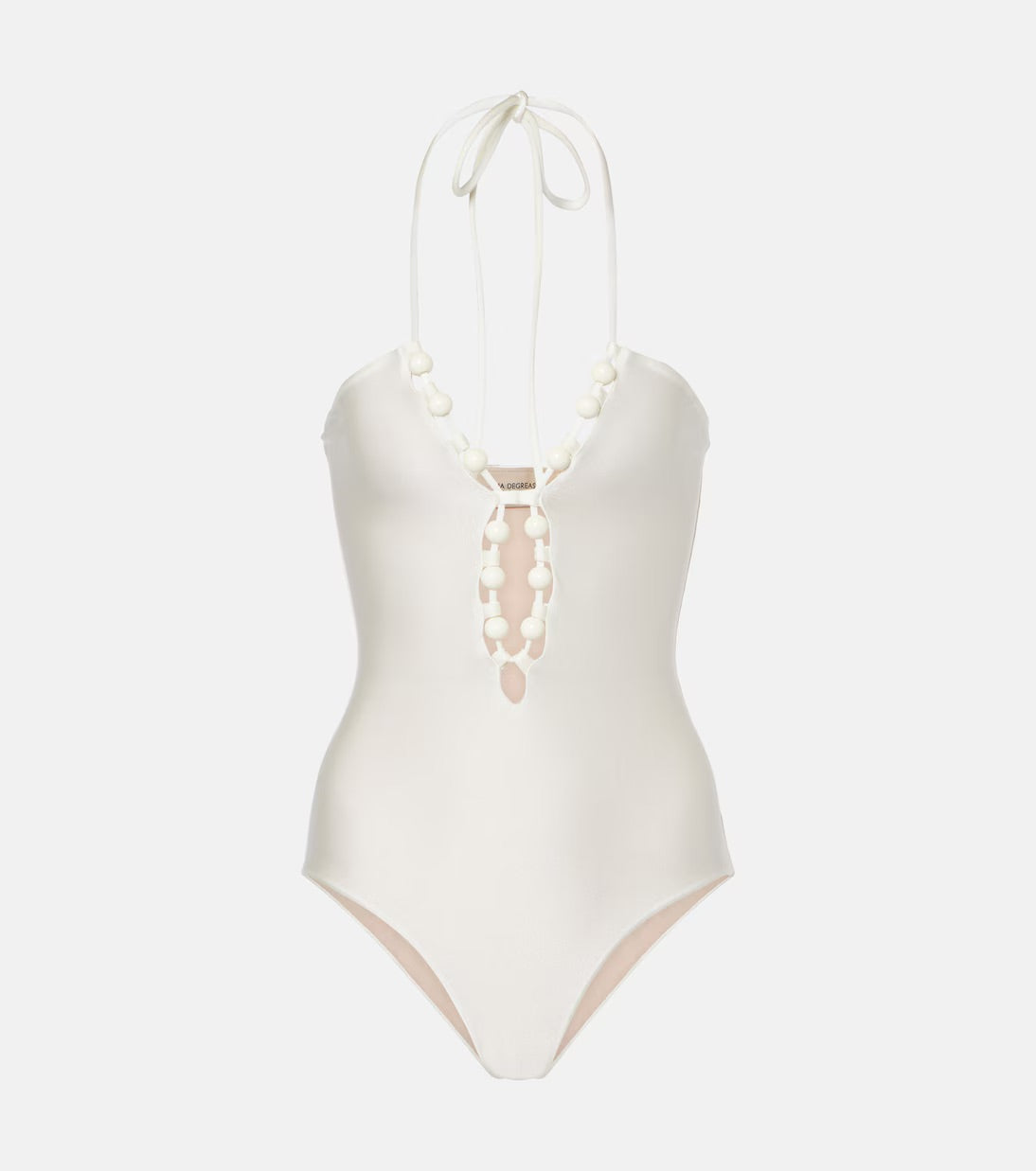 Still image of the Golden Age Solid off white Halterneck Swimsuit,  on a stretchy fabric.