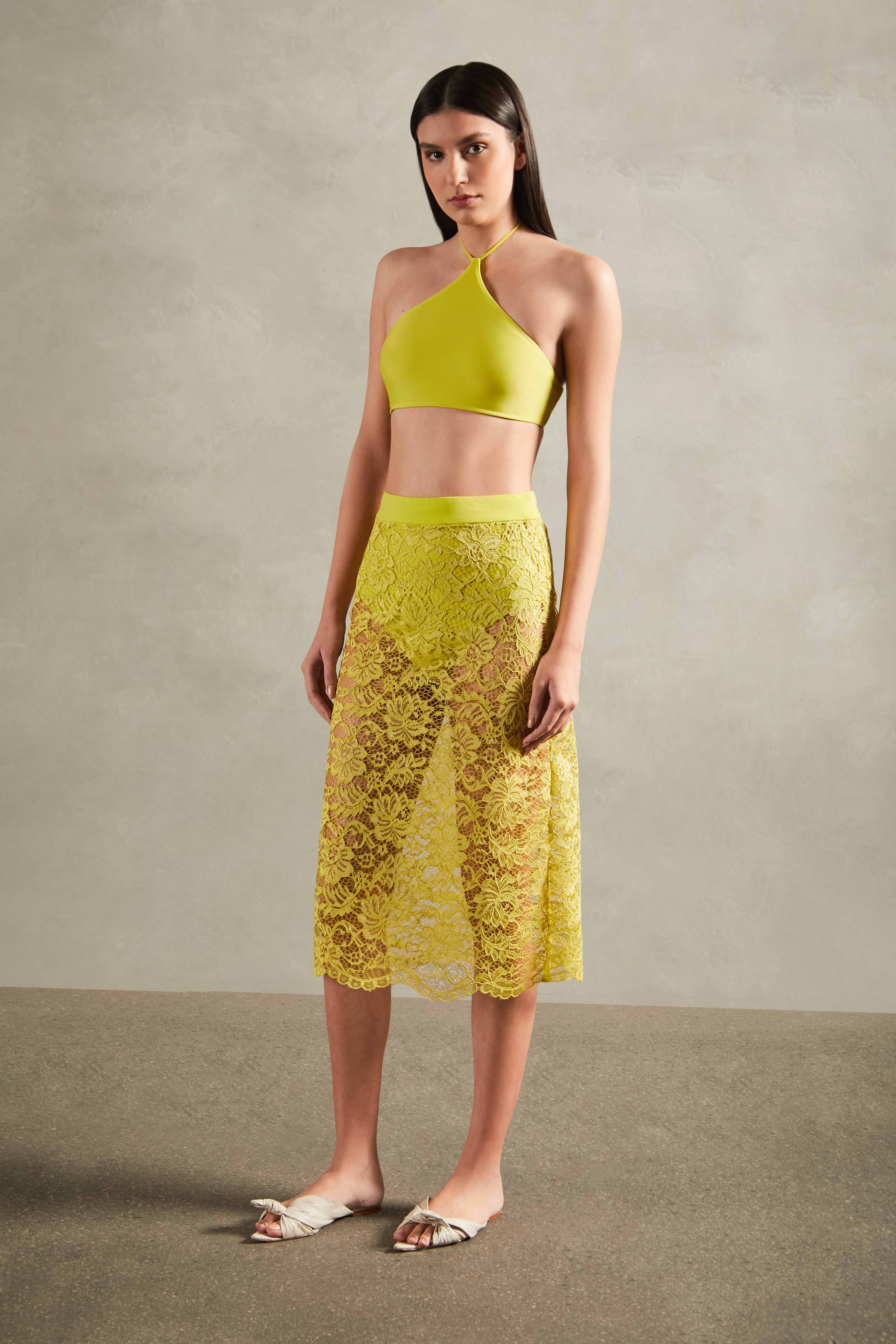 Guipure Lace Citrus Midi Skirt Front