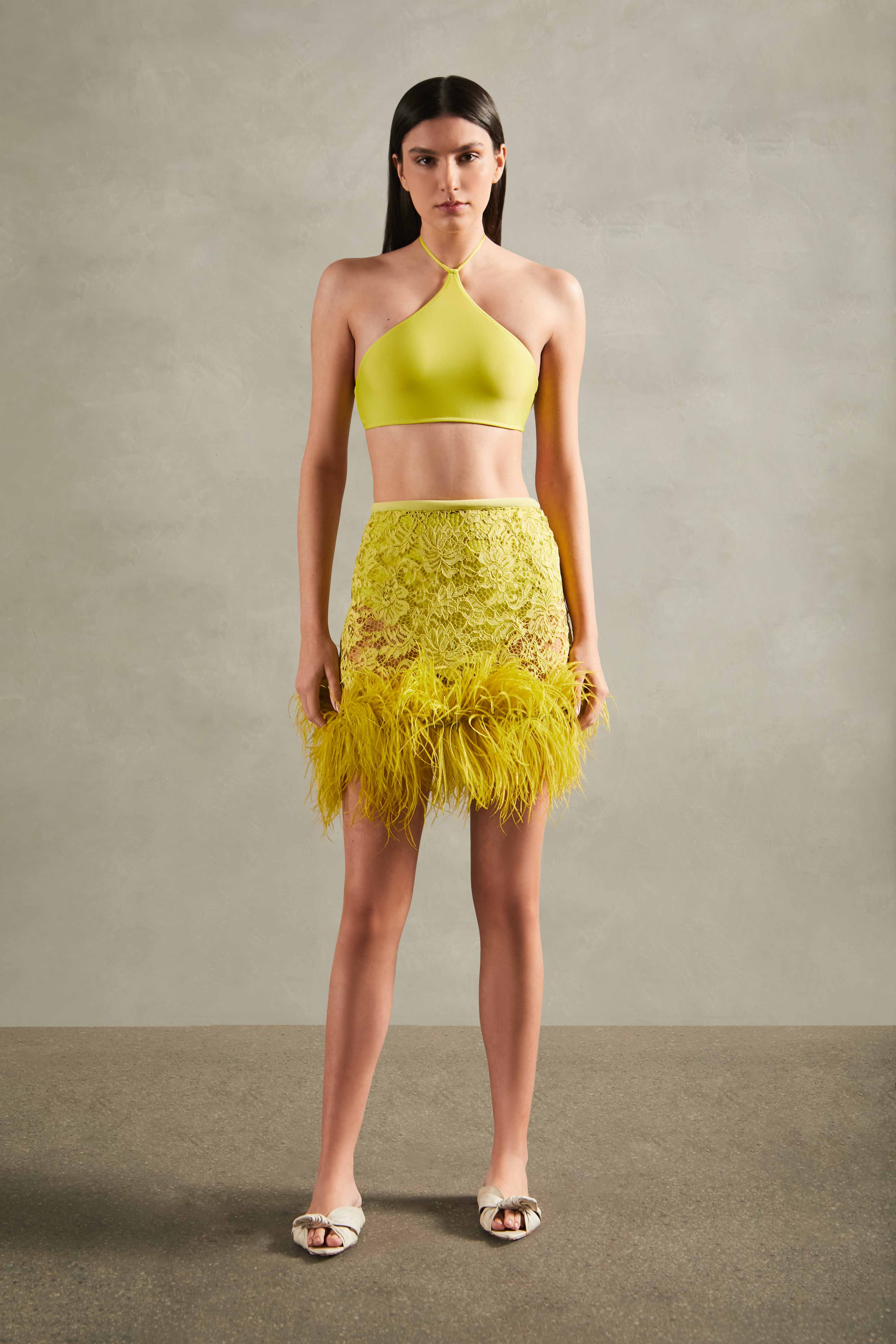 Guipure Yellow Lace Feathered Mini Skirt Front